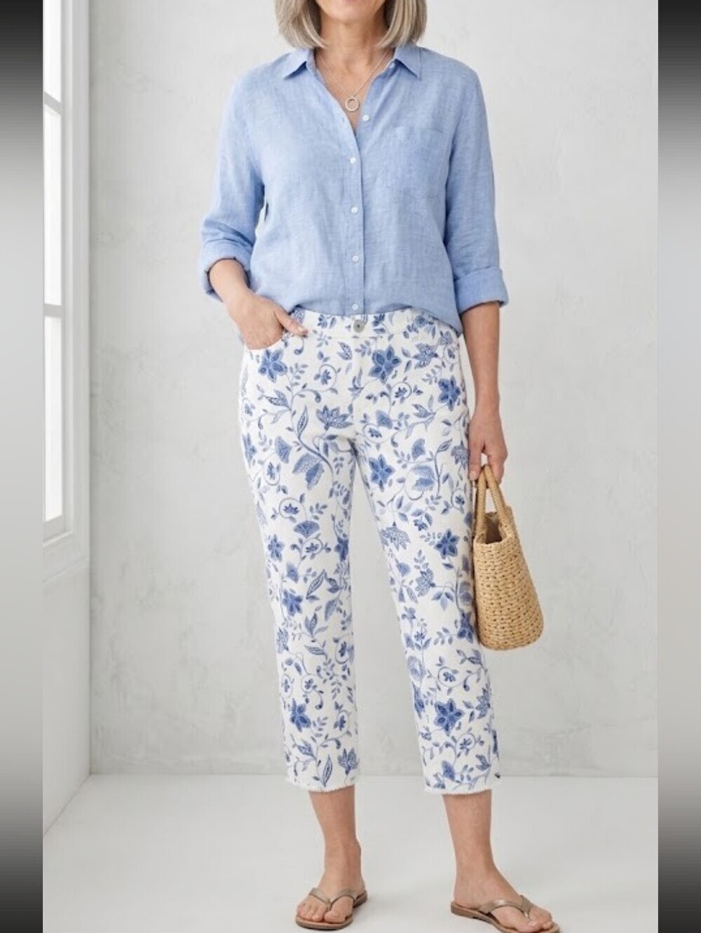 J. Jill White Demin Jeans Womens Floral  Stretch Cropped Raw Hem Sz 16 Petite